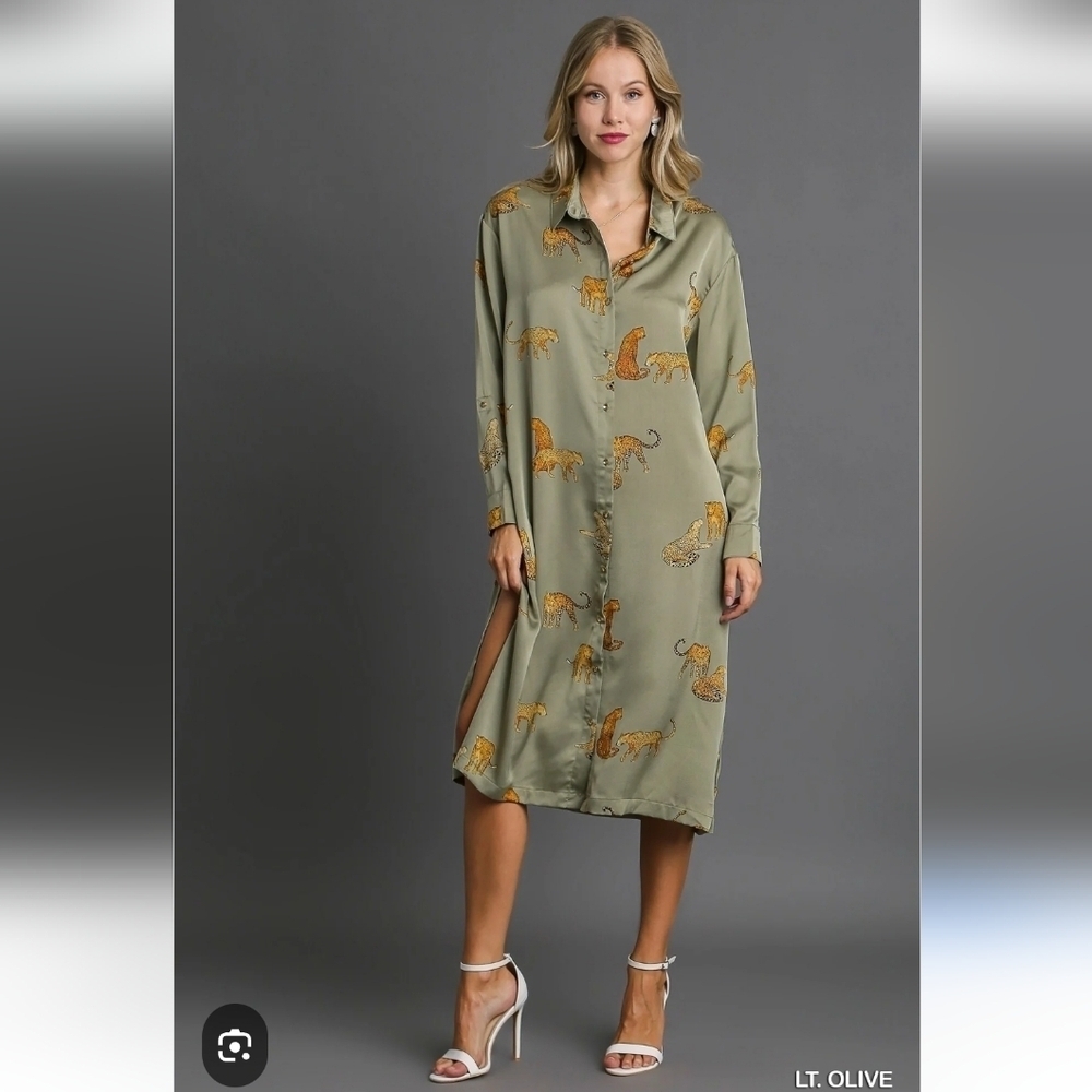 EUC JON & ANNA OLIVE CHEETAH PRINT SILKY MIDI SHIRT DRESS SZ XL